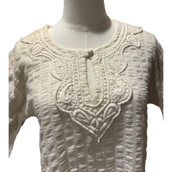 1970s Evelyn Pearson Embroidered Muslin Boho Dress with Bell Sleeves small - Picture 4 of 16